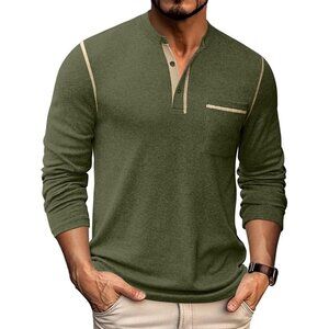 Coofandy Men Army Green Henley Long Sleeve Pullover Button T-Shirt  with Pocket